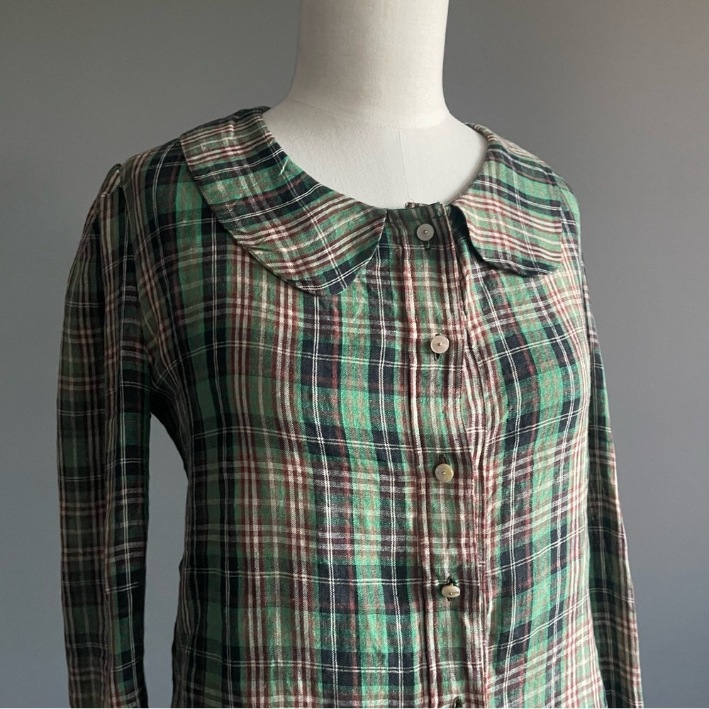 Vintage Green Plaid Peter Pan Collar Blouse Romantic Cottagecore Top Twee Indie - Picture 2 of 12